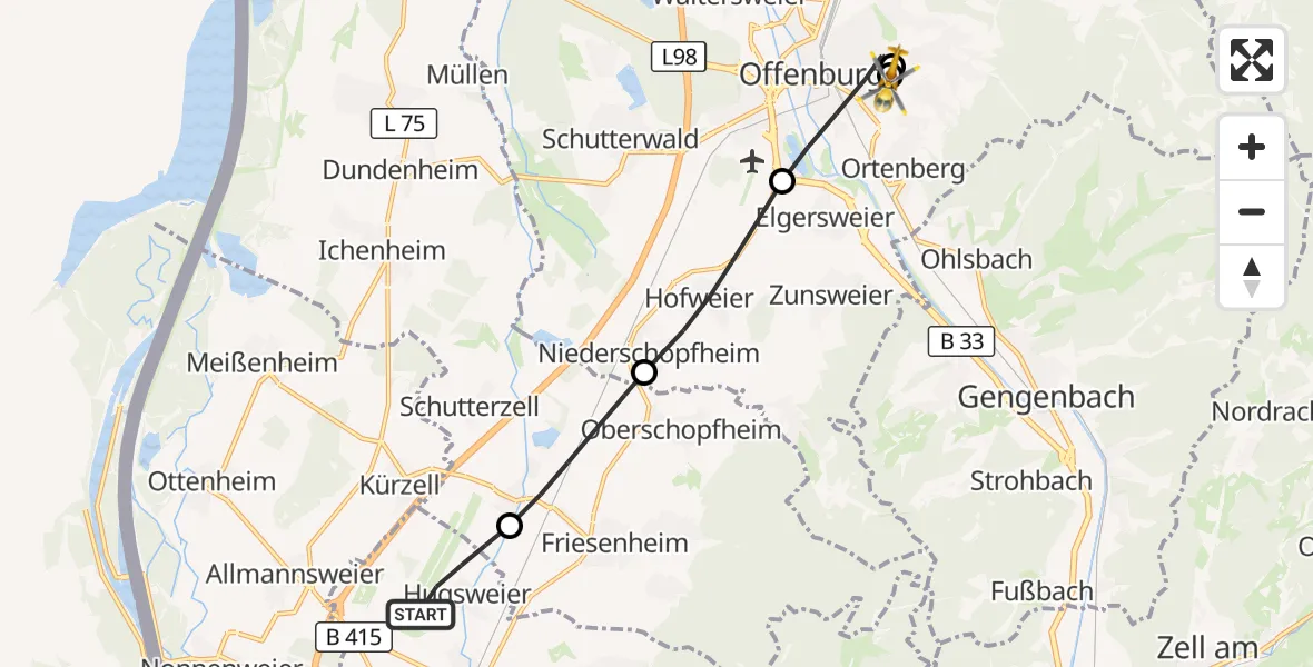 Flugroute Rettungshubschrauber Lahr Flughafen - Sankt Josefs Hospital, 31 August 2026, 18:10