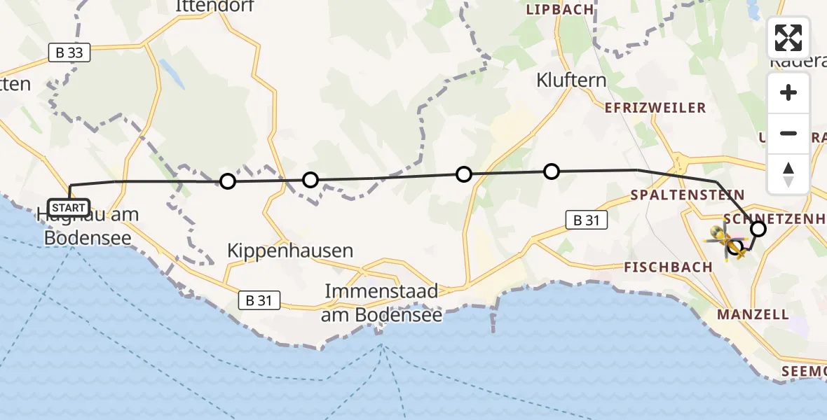 Flugroute Rettungshubschrauber Hagnau am Bodensee - Friedrichshafen Hospital, 31 August 2026, 18:11