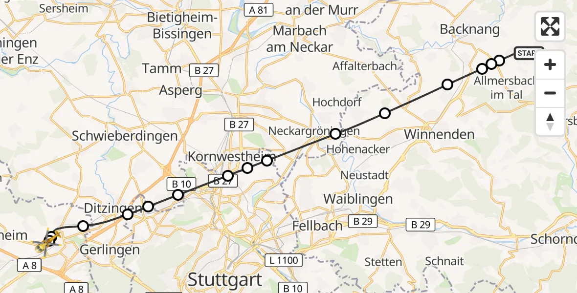 Flugroute Rettungshubschrauber Weissach im Tal - Leonberg Hospital, 31 August 2026, 18:39