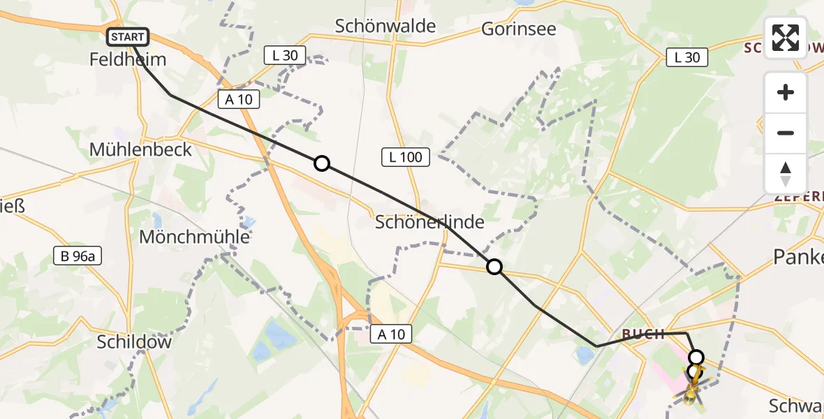 Flugroute Rettungshubschrauber Mühlenbecker Land - Helios Clinic Berlin-Buch, 31 August 2026, 18:53