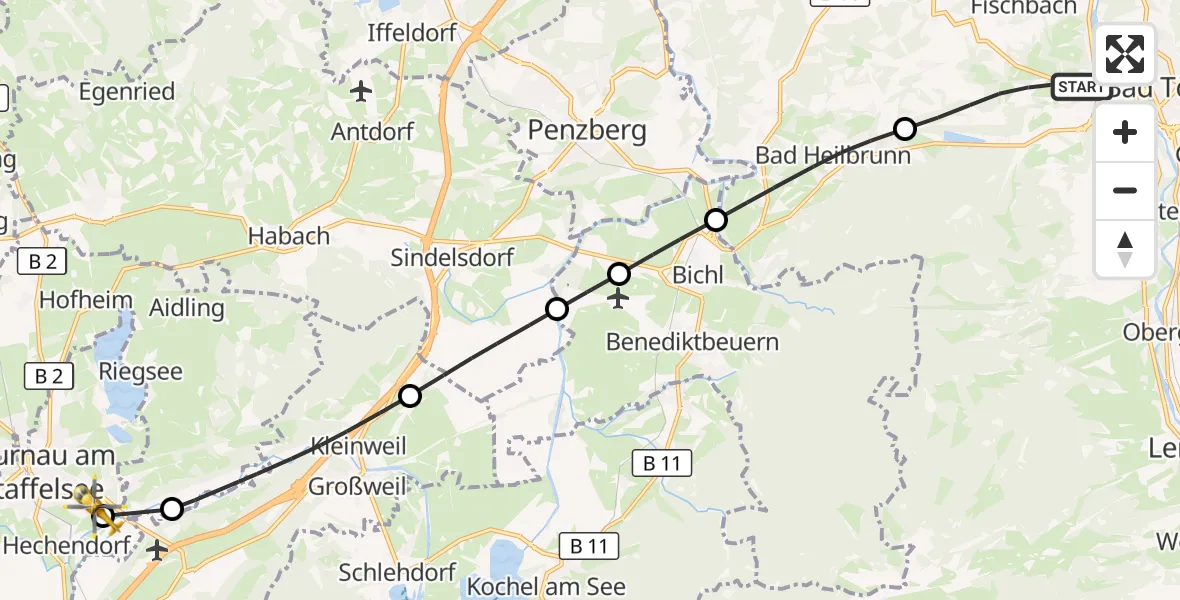 Flugroute Rettungshubschrauber Wackersberg - Murnau Accident Hospital Hubschrauberlandeplatz, 31 August 2026, 19:32