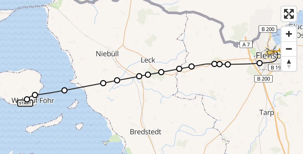 Flugroute Ambulanzhubschrauber Wyk auf Föhr Flughafen - Flensburg, 31 August 2026, 19:45