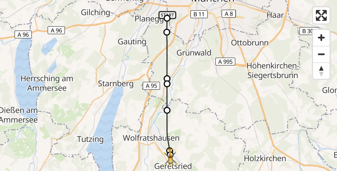 Flugroute Rettungshubschrauber DRF Air Rescue München Hubschrauberlandeplatz - Geretsried, 31 August 2026, 20:39