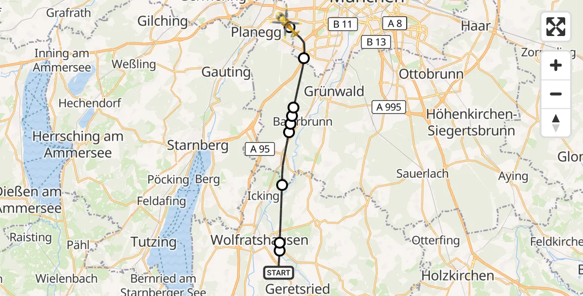 Flugroute Rettungshubschrauber Geretsried - DRF Air Rescue München Hubschrauberlandeplatz, 31 August 2026, 21:37