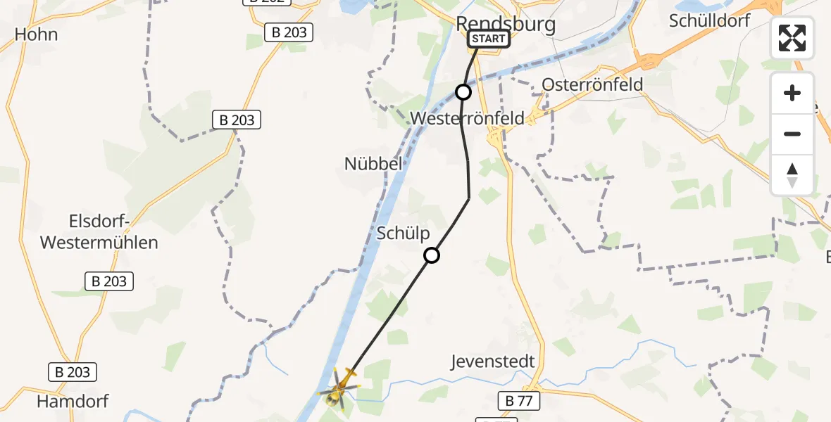 Flugroute Ambulanzhubschrauber Rendsburg - Schülp b.Rendsburg, 31 August 2026, 22:36