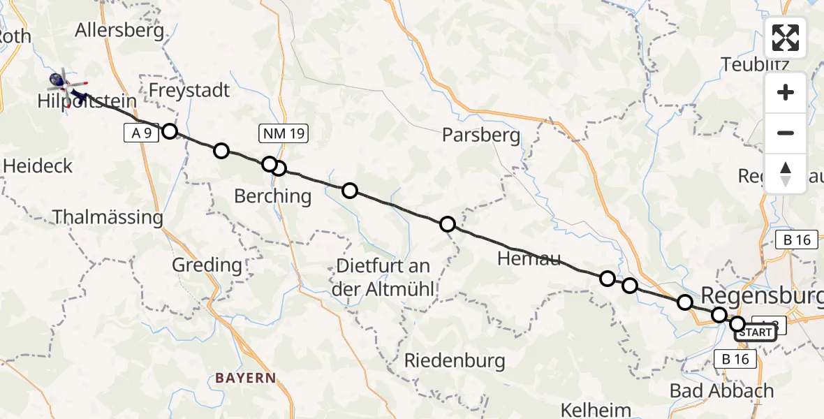 Flugroute Polizeihubschrauber Regensburg - Hilpoltstein, 31 August 2026, 22:40
