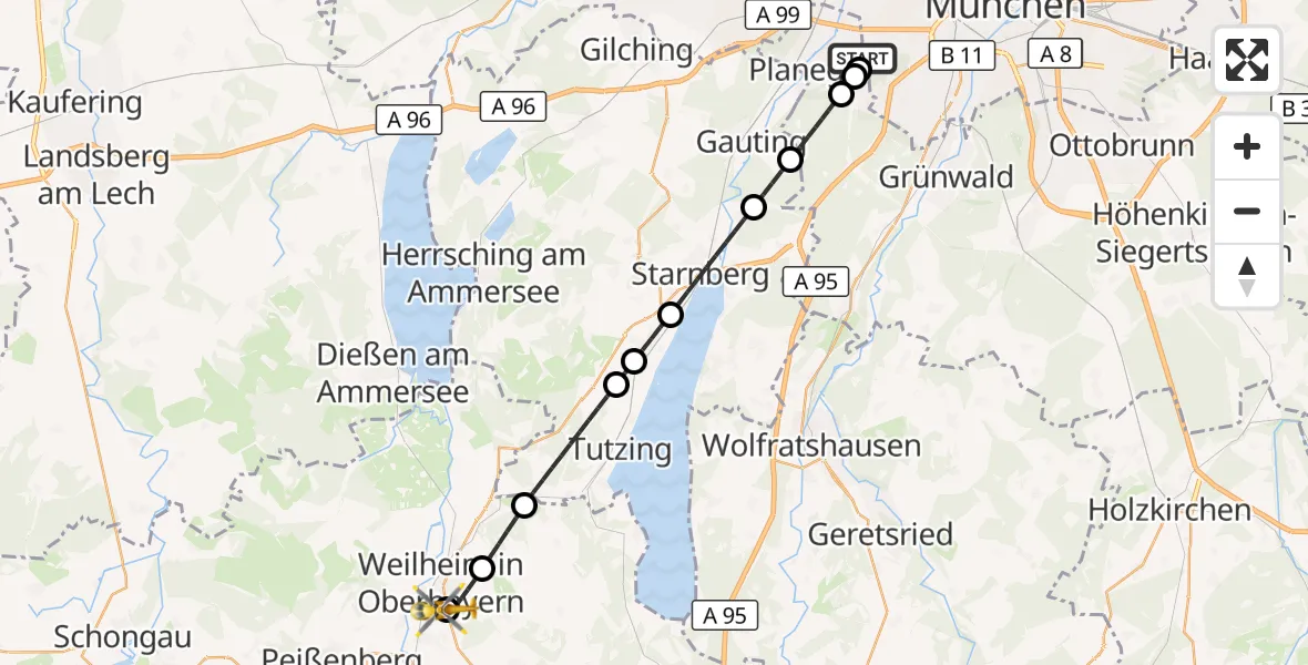 Flugroute Rettungshubschrauber DRF Air Rescue München Hubschrauberlandeplatz - Weilheim Rettungshubschrauberlandeplatz, 31 August 2026, 22:42