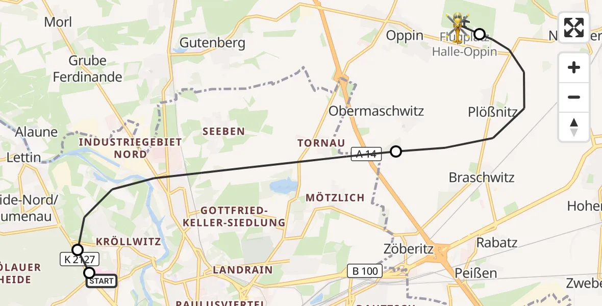 Flugroute Rettungshubschrauber Halle (Saale) University Hospital - Halle-Oppin Flugplatz, 31 August 2026, 23:24
