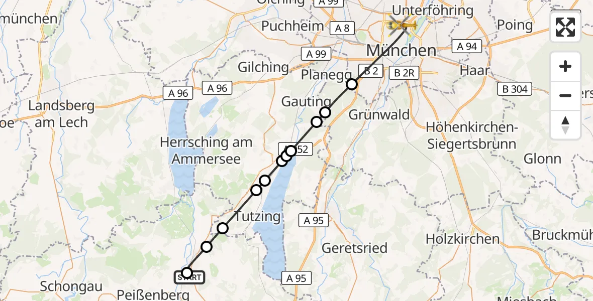 Flugroute Rettungshubschrauber Weilheim Rettungshubschrauberlandeplatz - München, 31 August 2026, 23:51