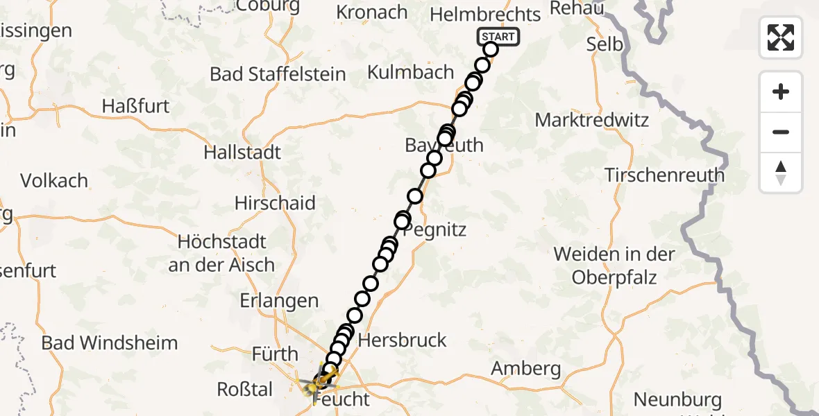 Flugroute Rettungshubschrauber Münchberg - Nürnberg South Hospital, 31 August 2026, 23:55
