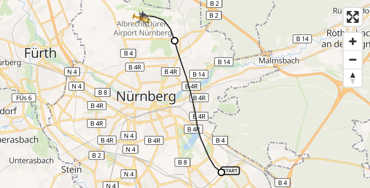 Flugroute Rettungshubschrauber Nürnberg South Hospital - Flughafen Nuremberg, 01 September 2026, 01:01