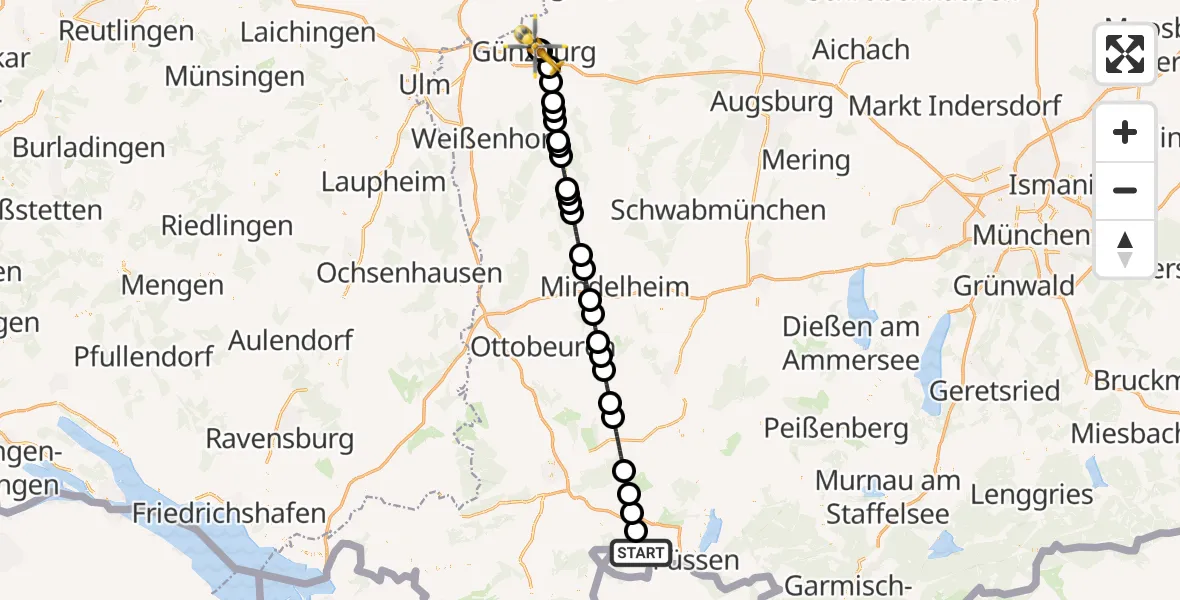 Flugroute Rettungshubschrauber Pfronten - Günzburg Hospital, 01 September 2026, 02:31