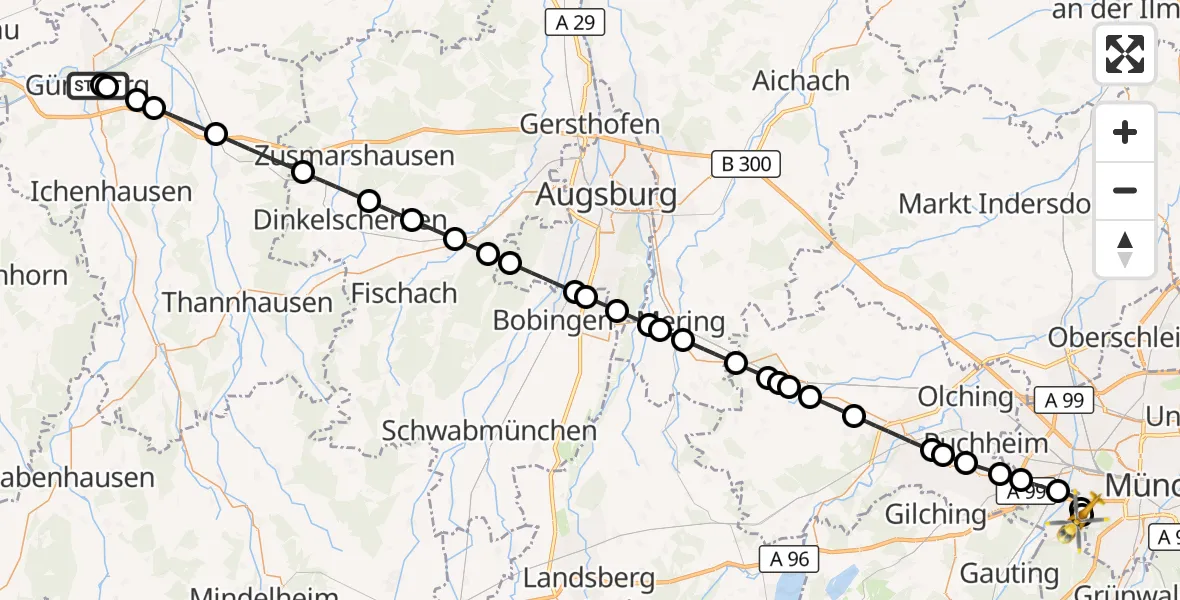Flugroute Rettungshubschrauber Günzburg Hospital - DRF Air Rescue München Hubschrauberlandeplatz, 01 September 2026, 03:25