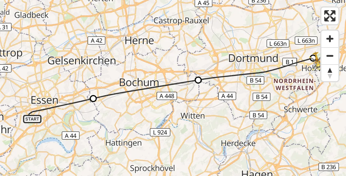 Flugroute Rettungshubschrauber Essen - Dortmund Flughafen, 01 September 2026, 04:49