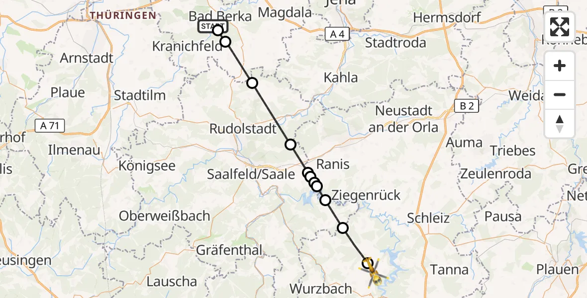 Flugroute Ambulanzhubschrauber Bad Berka Central Hospital - Saalburg-Ebersdorf, 01 September 2026, 04:55