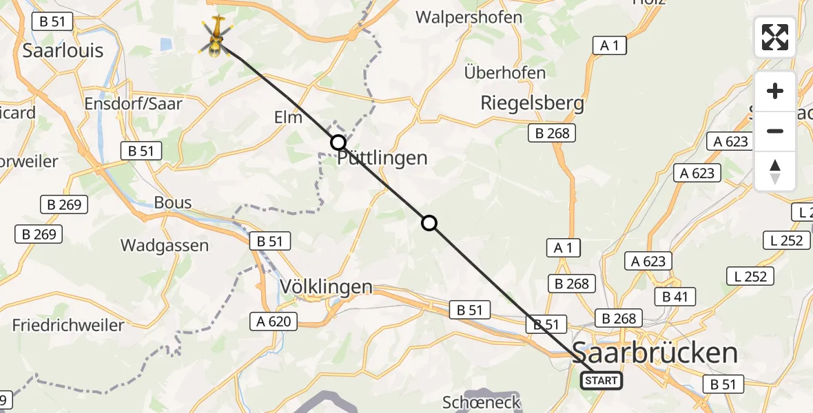 Flugroute Rettungshubschrauber Saarbrücken - Schwalbach, 01 September 2026, 05:29