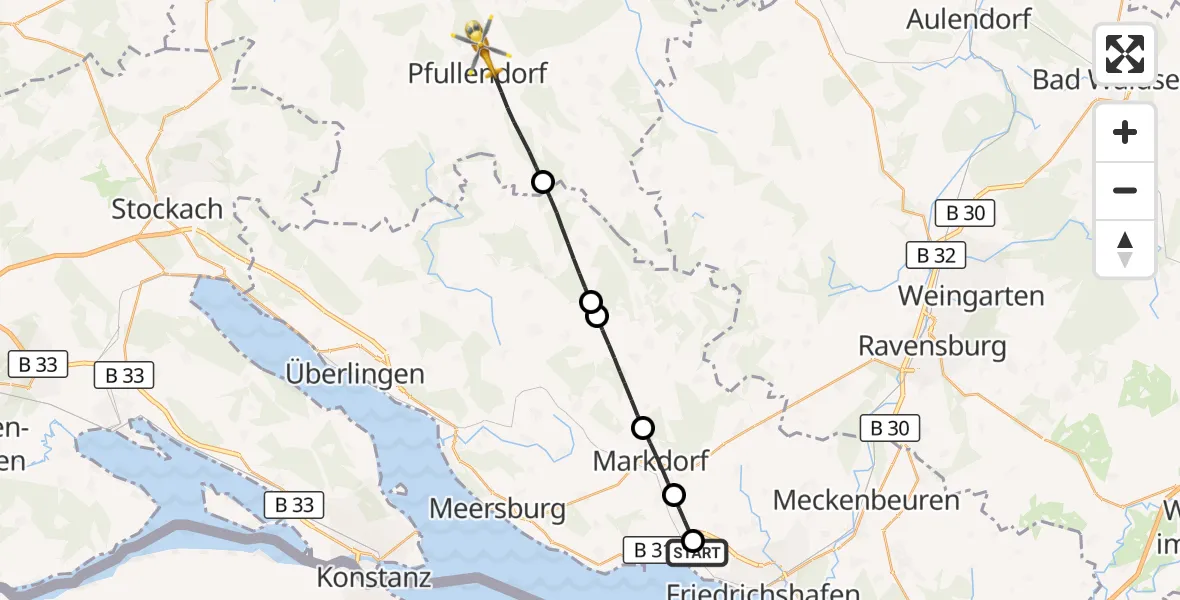 Flugroute Rettungshubschrauber Friedrichshafen Hospital - Pfullendorf, 01 September 2026, 05:49