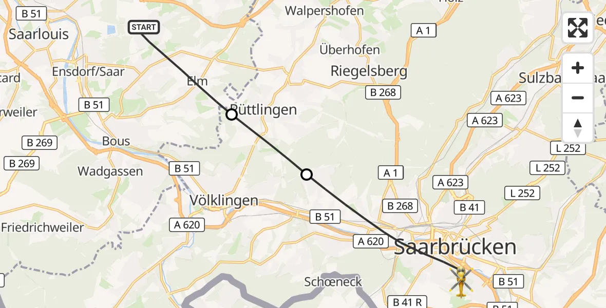 Flugroute Rettungshubschrauber Schwalbach - Saarbrücken, 01 September 2026, 05:58