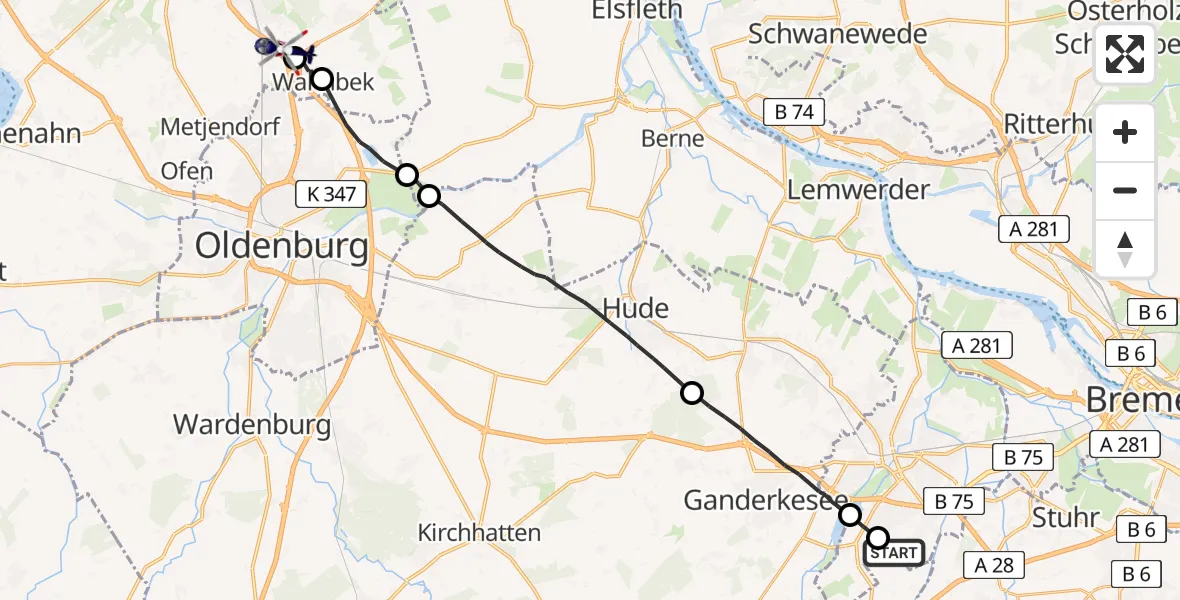 Flugroute Polizeihubschrauber Groß Ippener - Oldenburg Police Hubschrauberlandeplatz, 01 September 2026, 06:01