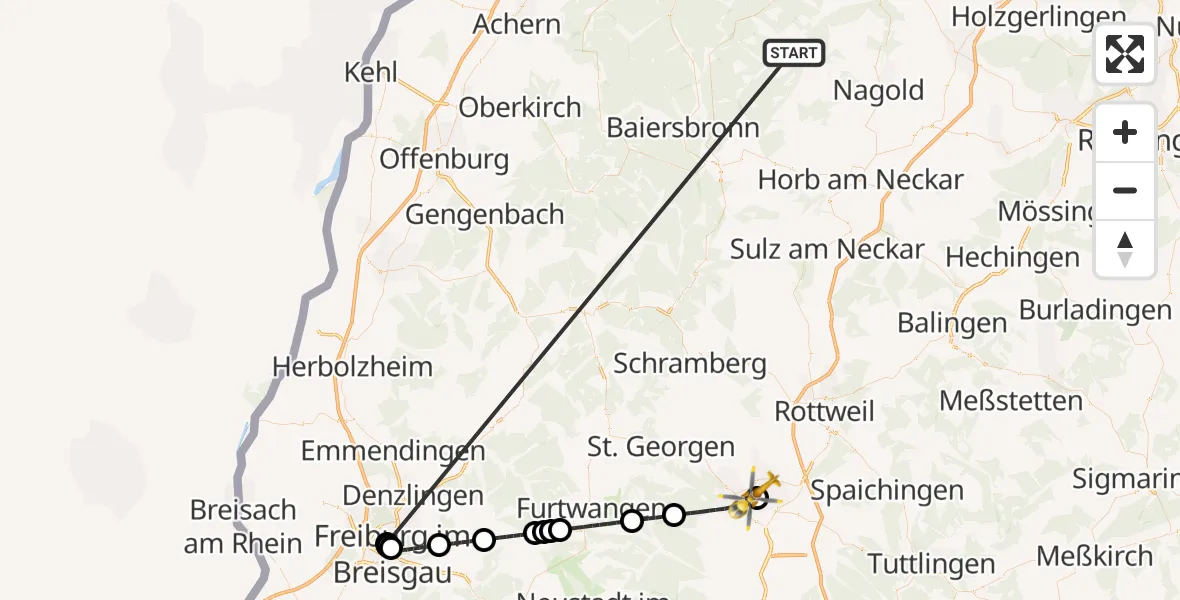 Flugroute Ambulanzhubschrauber Altensteig - DRF Air Rescue Station Villingen-Schwenningen Hubschrauberlandeplatz (Christoph 11), 01 September 2026, 06:04