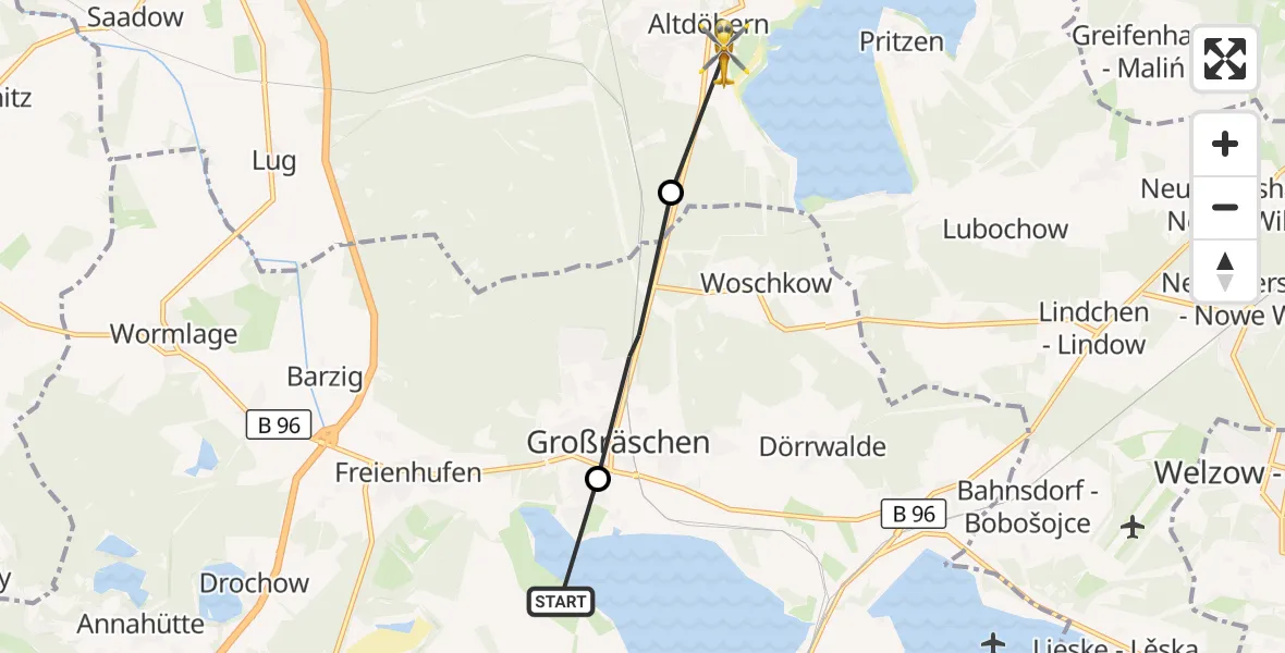 Flugroute Rettungshubschrauber Senftenberg - Altdöbern, 01 September 2026, 06:08