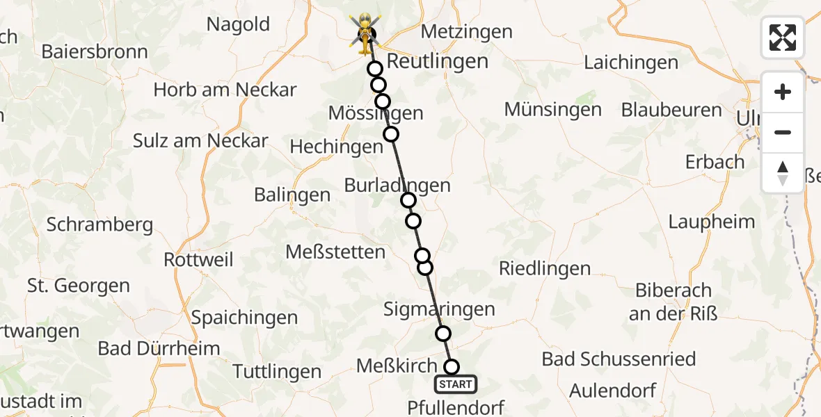 Flugroute Rettungshubschrauber Pfullendorf - Tübingen Trauma Hospital, 01 September 2026, 06:20
