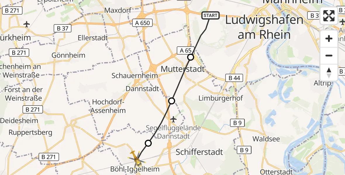 Flugroute Rettungshubschrauber Ludwigshafen am Rhein - Böhl-Iggelheim, 01 September 2026, 06:52