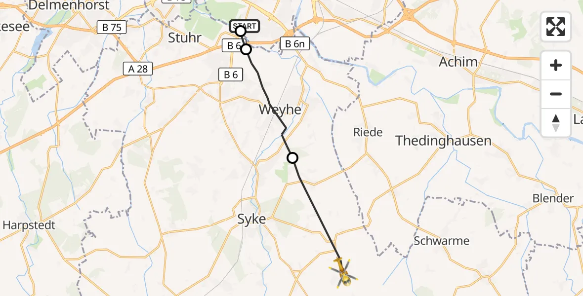 Flugroute Rettungshubschrauber ADAC Air Rescue Station Bremen Hubschrauberlandeplatz (Christoph 6) - Syke, 01 September 2026, 07:01