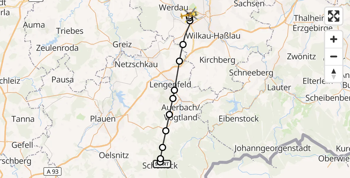 Flugroute Rettungshubschrauber Paracelsus Hospital Schöneck - ADAC Air Rescue Station Zwickau Hubschrauberlandeplatz, 01 September 2026, 07:05