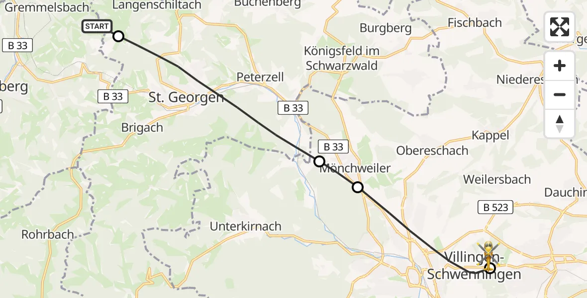 Flugroute Ambulanzhubschrauber Triberg im Schwarzwald - DRF Air Rescue Station Villingen-Schwenningen Hubschrauberlandeplatz (Christoph 11), 01 September 2026, 07:13