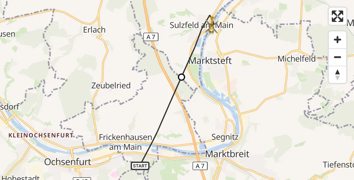 Flugroute Rettungshubschrauber Frickenhausen a.Main - Sulzfeld a.Main, 01 September 2026, 07:26