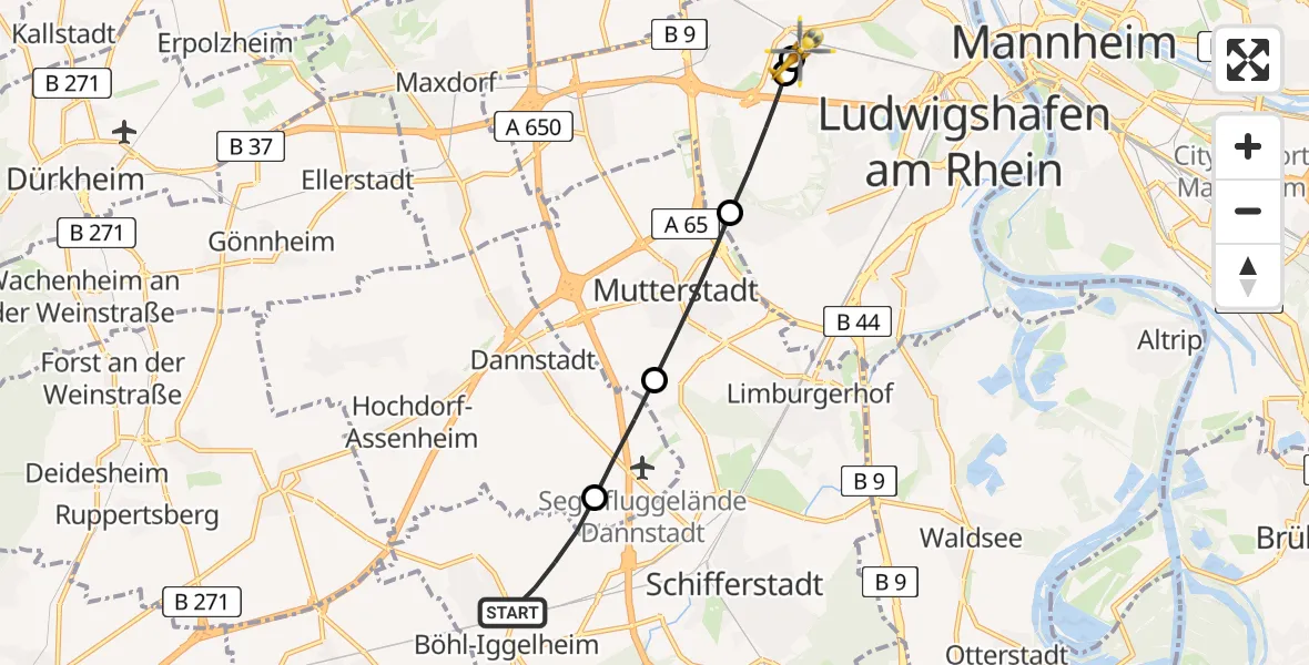Flugroute Rettungshubschrauber Böhl-Iggelheim - Ludwigshafen Accident Hospital, 01 September 2026, 07:40