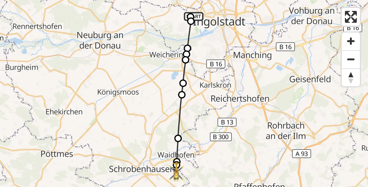 Flugroute Rettungshubschrauber Ingolstadt Hospital - Waidhofen, 01 September 2026, 07:43
