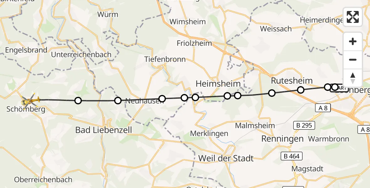 Flugroute Rettungshubschrauber Leonberg Hospital - Schömberg, 01 September 2026, 07:44
