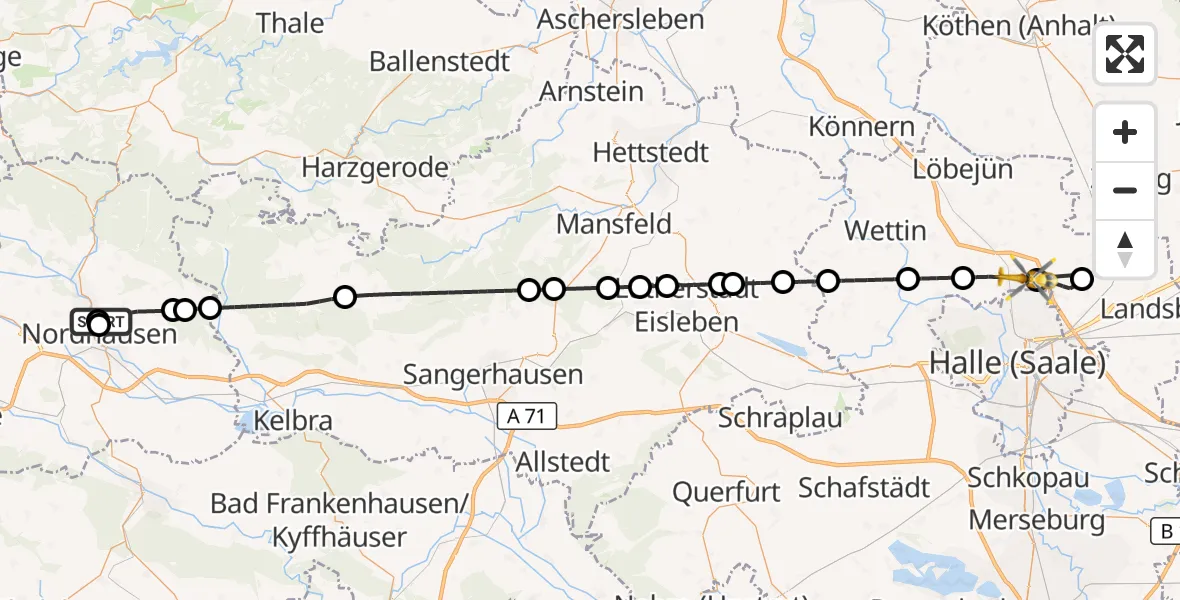 Flugroute Rettungshubschrauber Südharz Hospital Nordhausen - Petersberg, 01 September 2026, 08:01