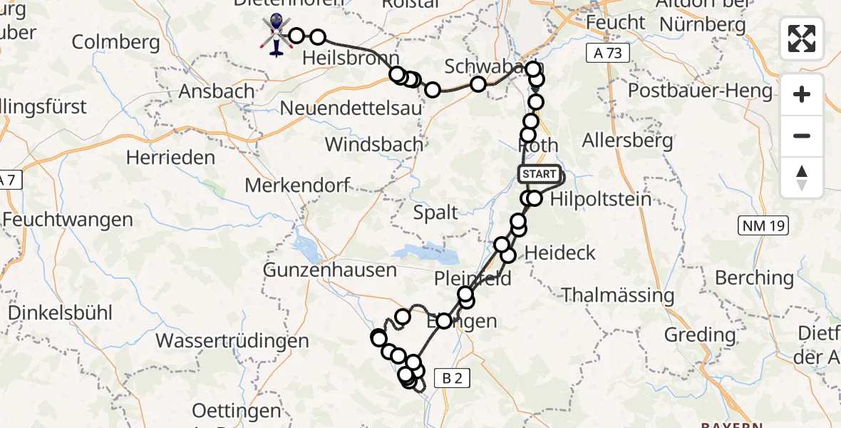 Flugroute Polizeihubschrauber Roth - Ansbach-Petersdorf Flugplatz, 01 September 2026, 08:03