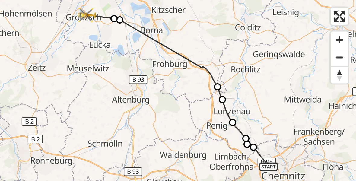Flugroute Rettungshubschrauber Chemnitz - Groitzsch, 01 September 2026, 08:07