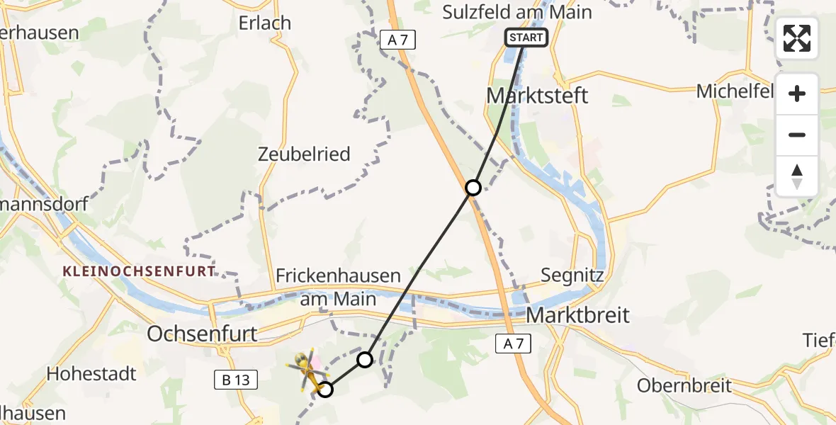 Flugroute Rettungshubschrauber Sulzfeld a.Main - Ochsenfurt Hospital, 01 September 2026, 08:08