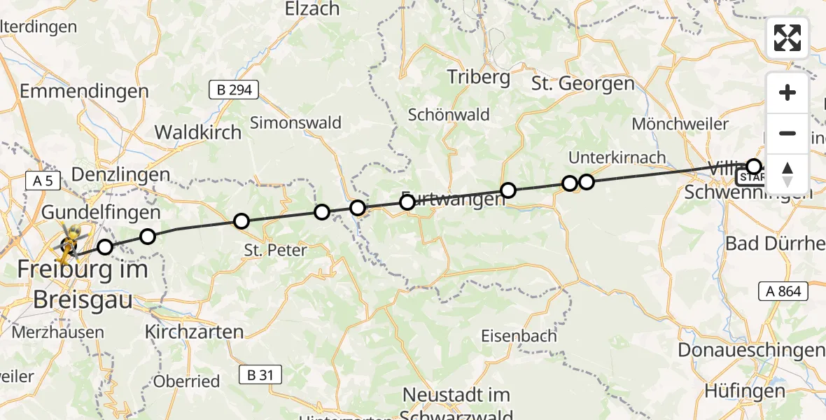 Flugroute Ambulanzhubschrauber DRF Air Rescue Station Villingen-Schwenningen Hubschrauberlandeplatz (Christoph 11) - Freiburg im Breisgau Flugplatz, 01 September 2026, 08:15