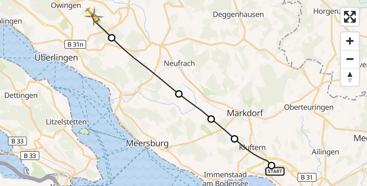 Flugroute Rettungshubschrauber Friedrichshafen Hospital - Überlingen, 01 September 2026, 08:20
