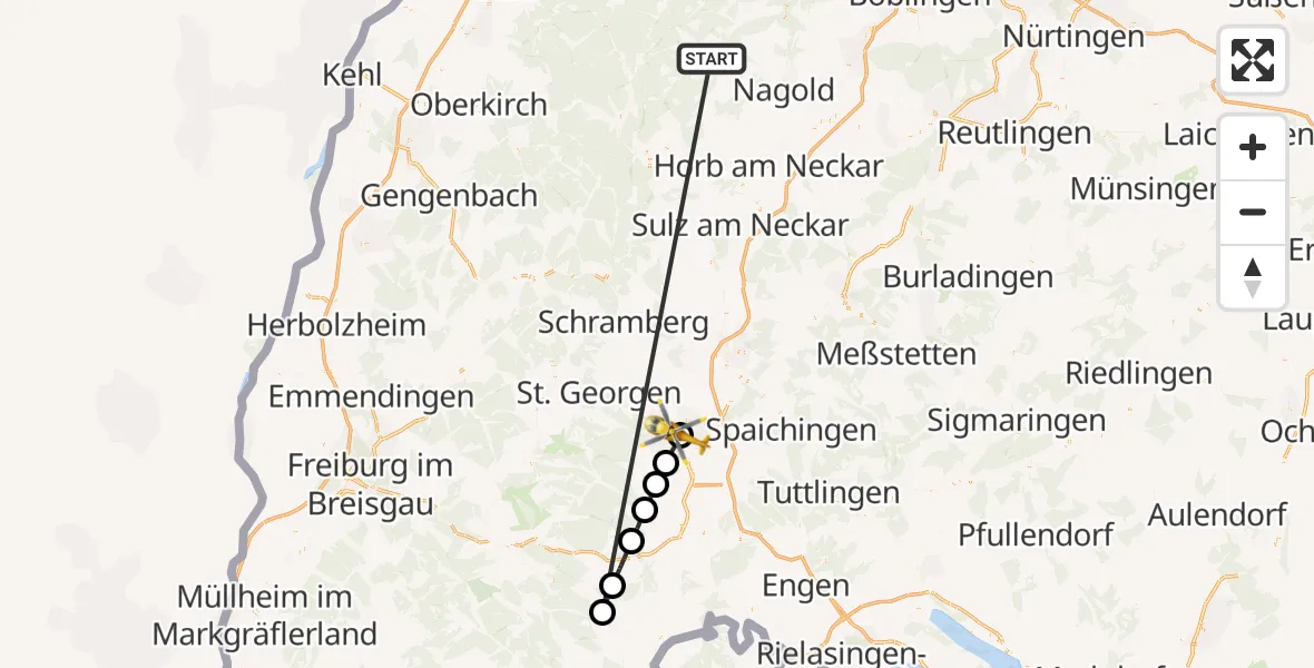 Flugroute Ambulanzhubschrauber Altensteig - DRF Air Rescue Station Villingen-Schwenningen Hubschrauberlandeplatz (Christoph 11), 01 September 2026, 08:23