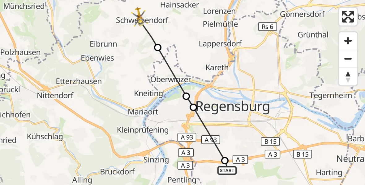 Flugroute Rettungshubschrauber DRF Air Rescue Station Regensburg / Regensburg University Hospital - Pettendorf, 01 September 2026, 08:25