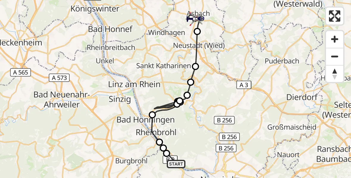 Flugroute Polizeihubschrauber Leutesdorf - Asbach, 01 September 2026, 08:30