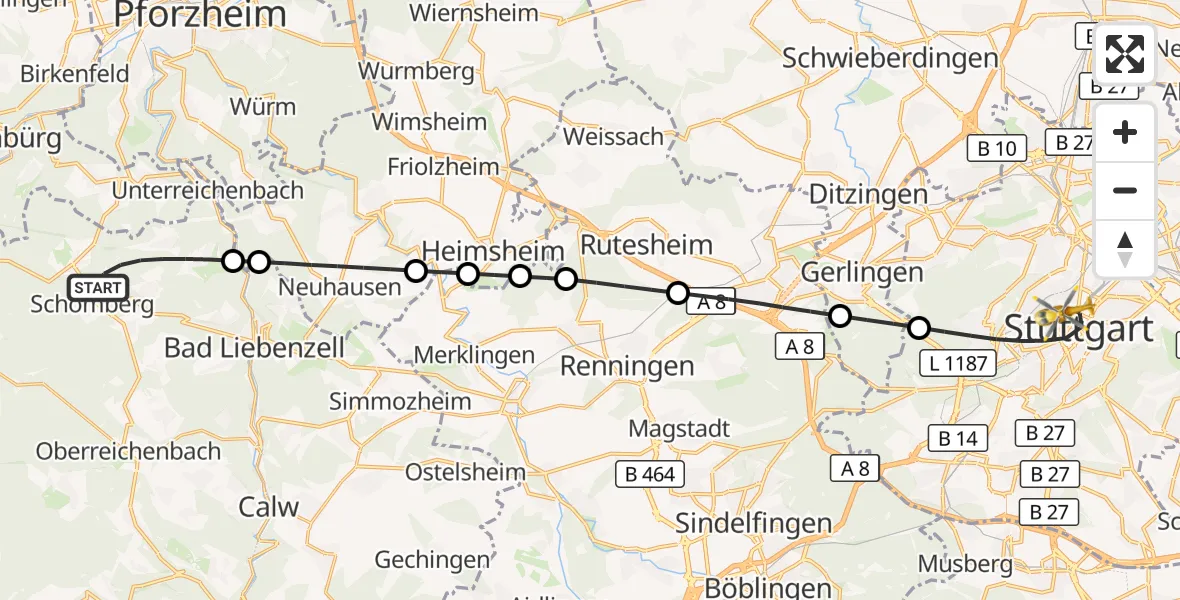 Flugroute Rettungshubschrauber Schömberg - Stuttgart, 01 September 2026, 08:35
