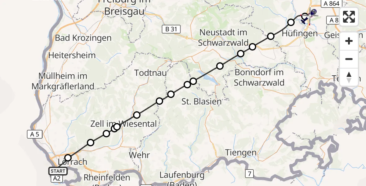 Flugroute Polizeihubschrauber Weil am Rhein - Donaueschingen-Villingen Flugplatz, 01 September 2026, 08:36