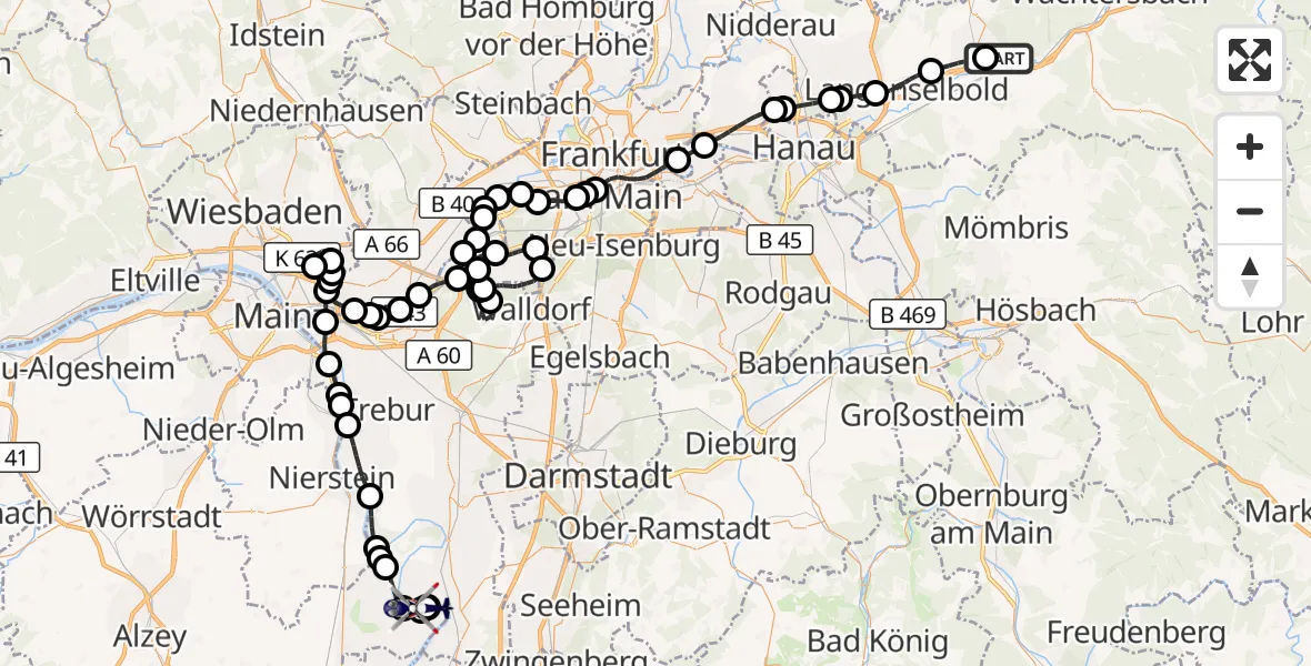 Flugroute Polizeihubschrauber Gelnhausen - Biebesheim am Rhein, 01 September 2026, 08:40