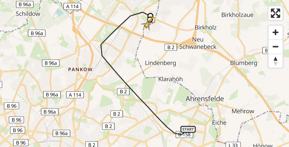 Flugroute Rettungshubschrauber Berlin - Helios Clinic Berlin-Buch, 01 September 2026, 08:40