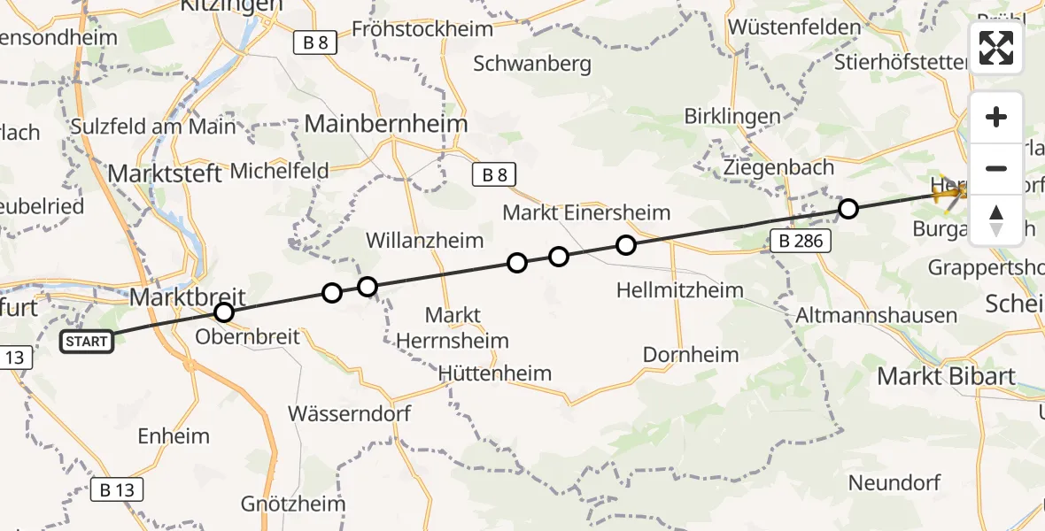 Flugroute Rettungshubschrauber Marktbreit - Oberscheinfeld, 01 September 2026, 08:40