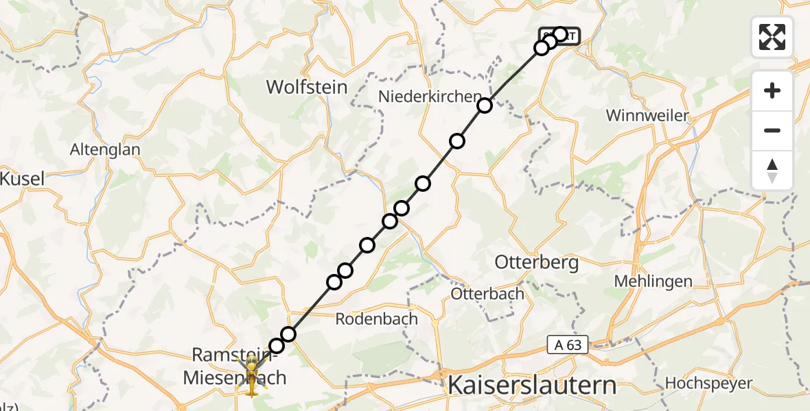 Flugroute Rettungshubschrauber Rockenhausen - Ramstein-Miesenbach, 01 September 2026, 08:43