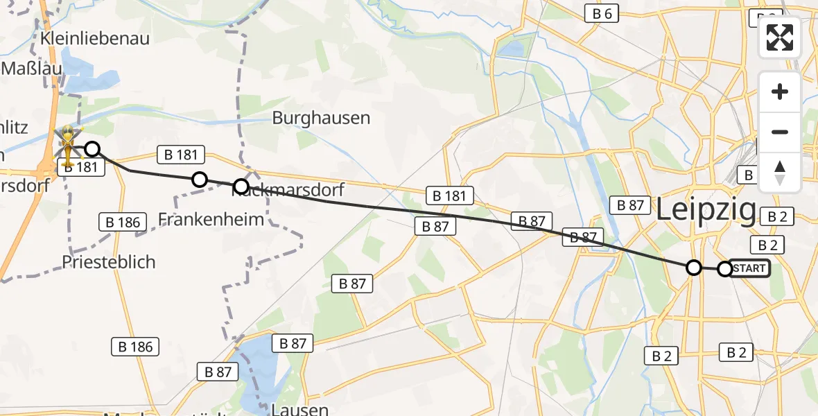 Flugroute Rettungshubschrauber Leipzig University Hospital Heliport 1 - ADAC Air Rescue Station Leipzig/Schkeuditz-Dölzig Hubschrauberlandeplatz (Christoph 61), 01 September 2026, 08:45
